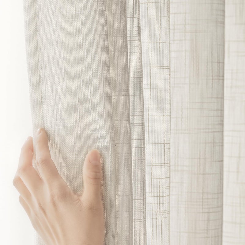 FMFUNCTEX Natural Sliding Door Curtain 84" Sheer Linen Curtains for Living Room Divider 100" Width Extra Wide Bedroom Drapes Linen Patio Door Panel Semi Sheer Window Panels Beige Grommet Top 1 Panel - Image 3